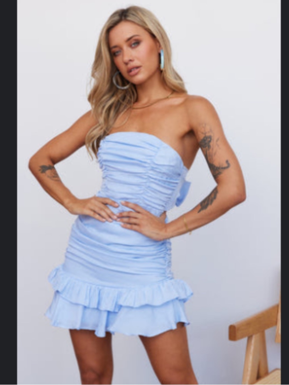 Hello Molly Spaced Out Light Blue Strapless Ruched Ruffle Mini Dress